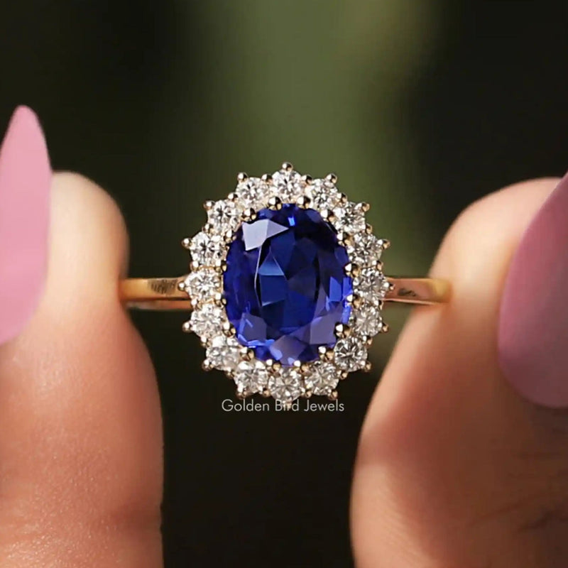 Sapphire Blue Oval Cut Halo Engagement Ring