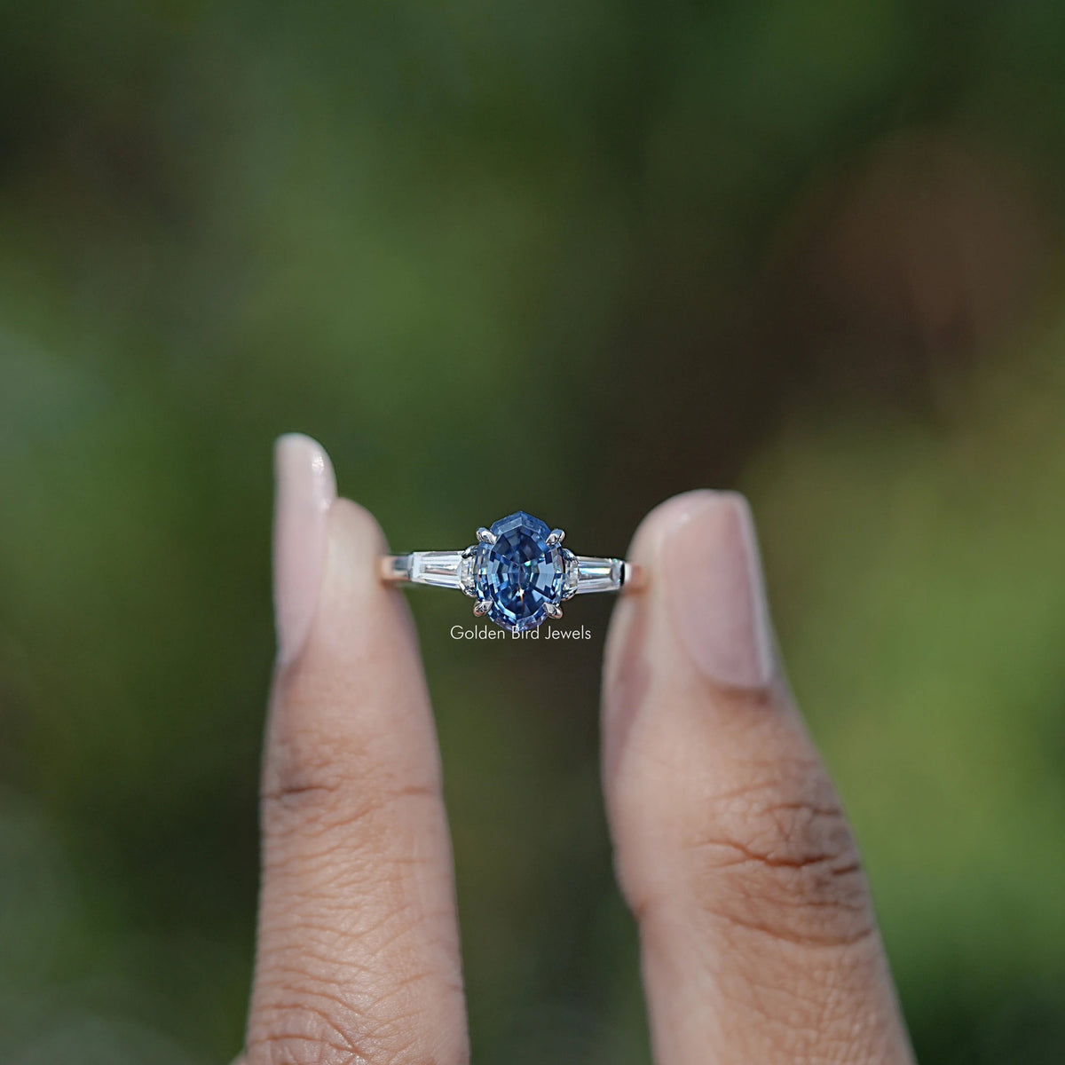 Blue Step Cut Oval Moissanite Three Stone Ring