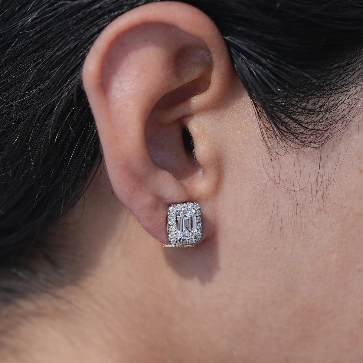 View of Emerald Cut Cluster Diamond Earrings In Women's Ear