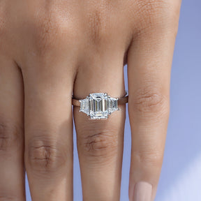 View of Three Stone Lab Diamond Engagement Ring In Finger 