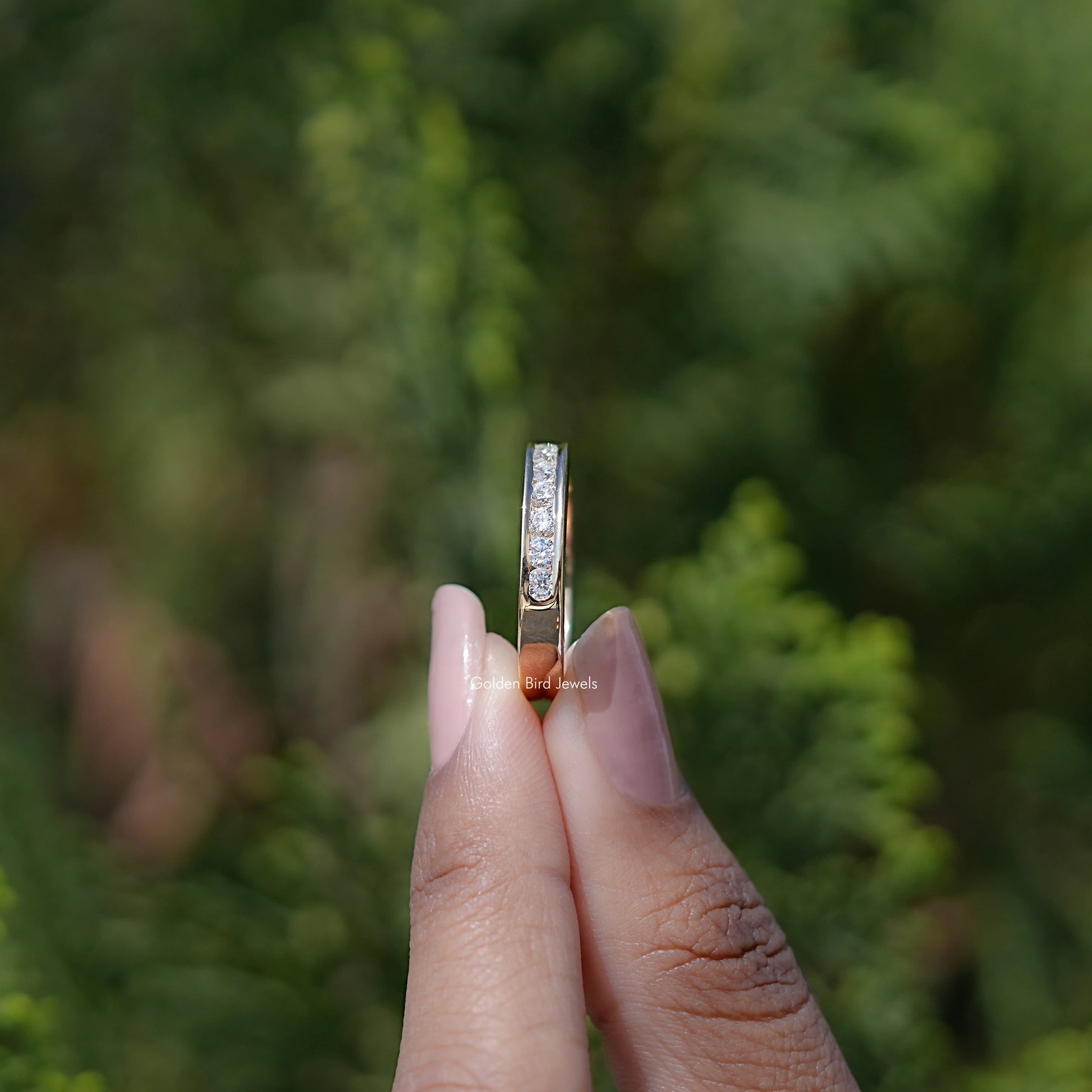 Round Cut Moissanite Half Eternity Channel Set Band