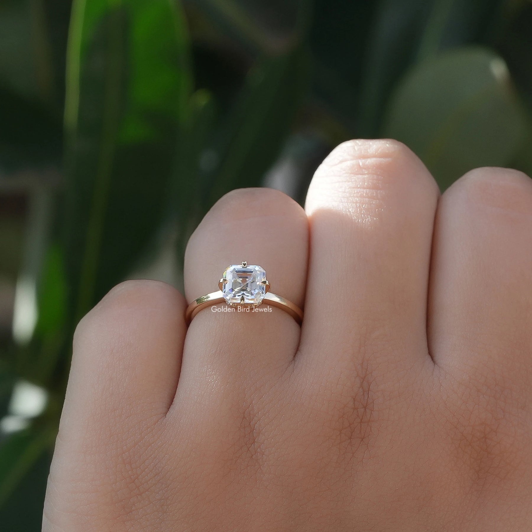 View of Asscher Cut Moissanite Ring In Finger