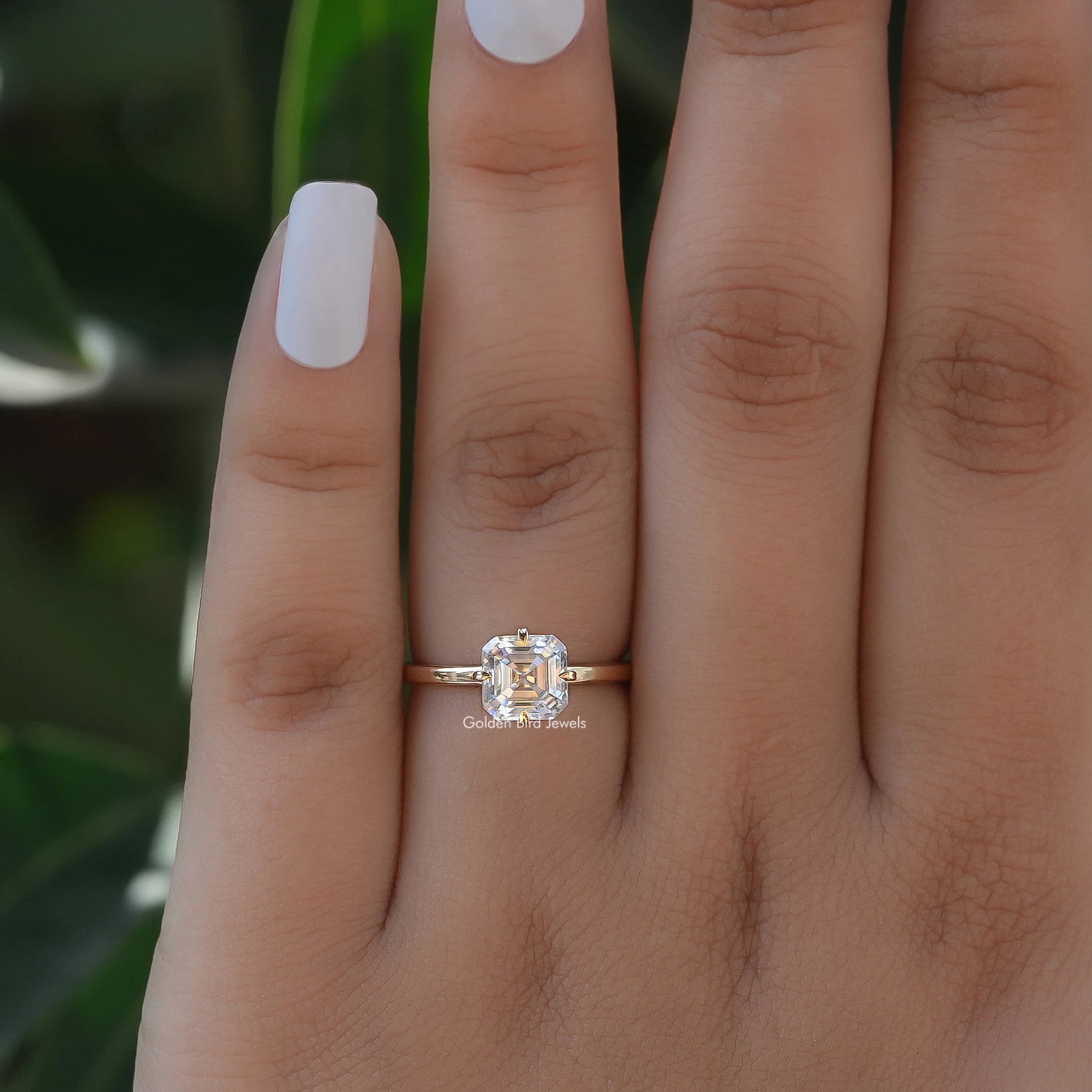 View of Colorless Asscher Moissanite Engagement Ring In Yellow Gold