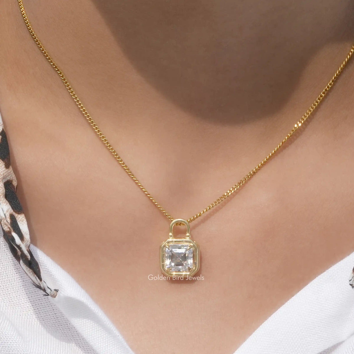 View of Asscher moissanite cut solitaire pendant 