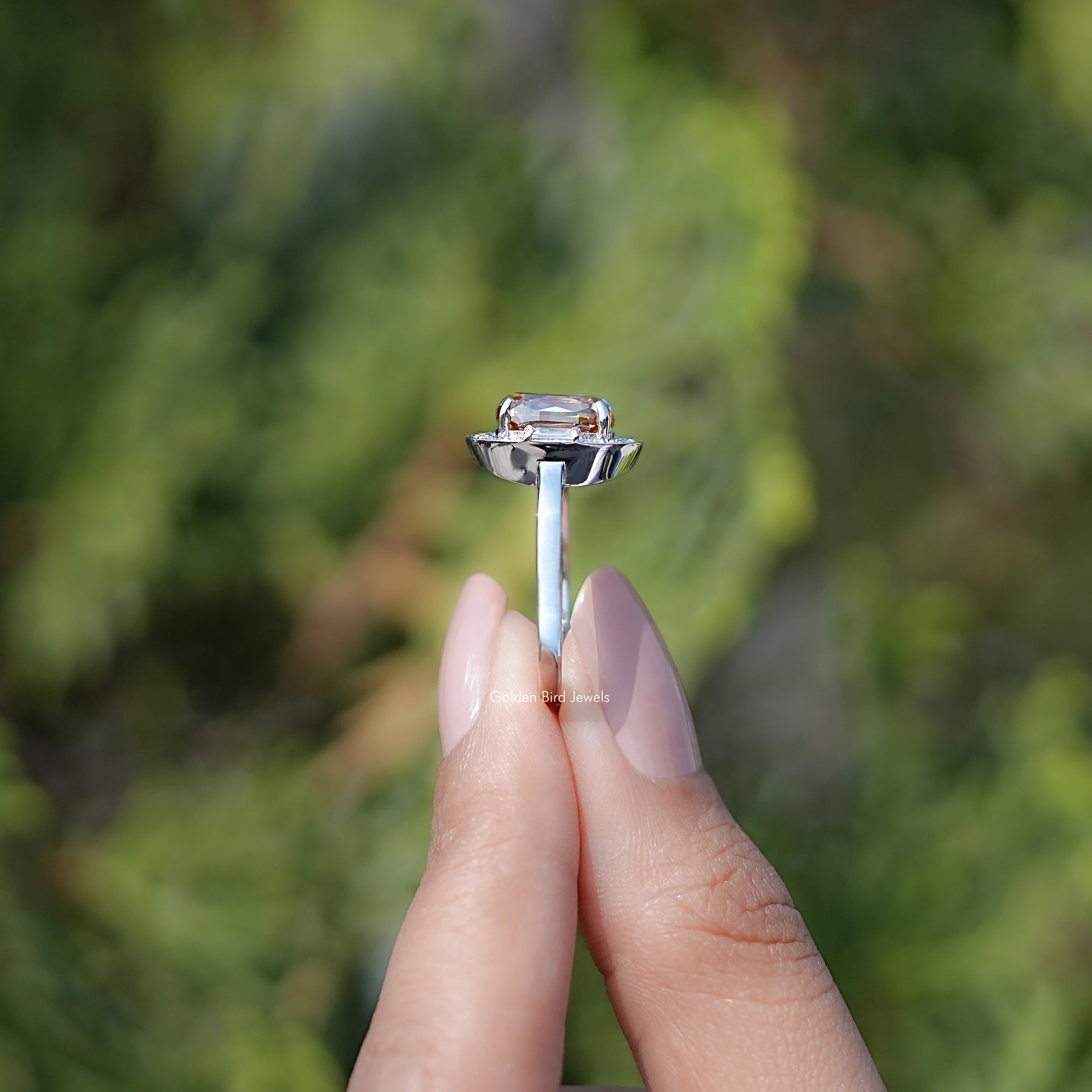 Side View of Criss Cut Cushion Moissanite Halo Engagement Ring
