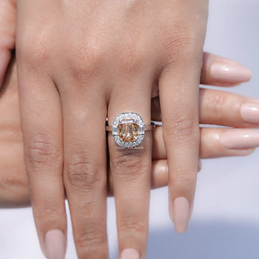 Close view of Cushion Moissanite Halo Engagement Ring

