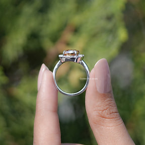 Back view of Criss Cut Cushion Moissanite Halo Engagement Ring in secure setting 
