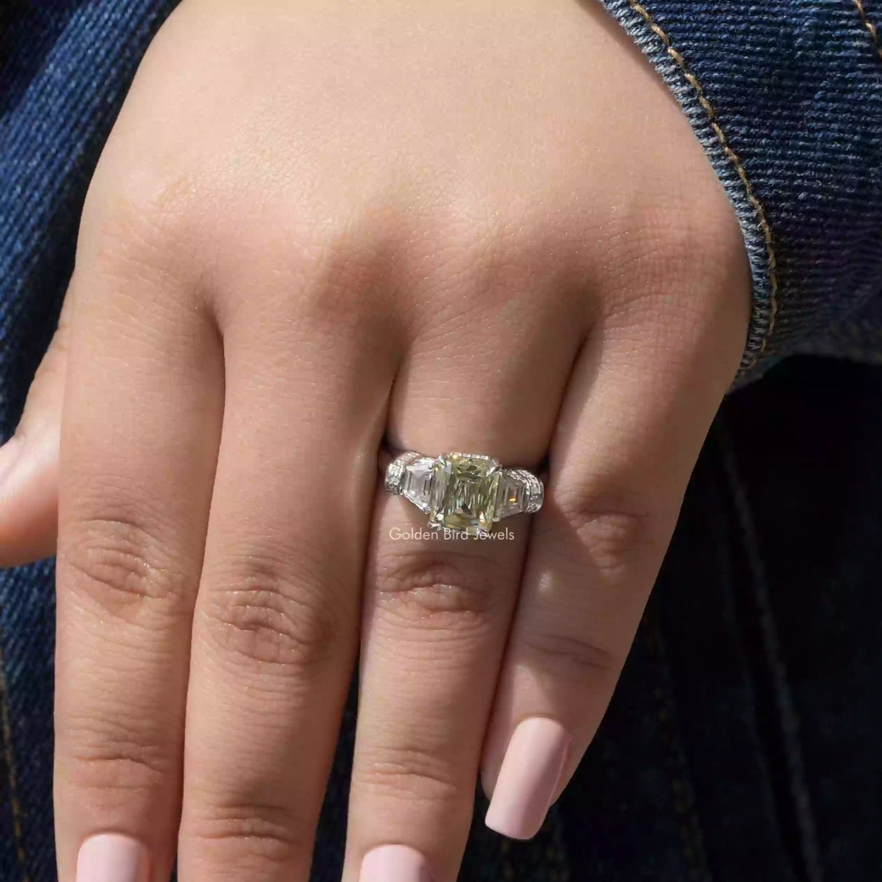 View of Moissanite Criss Cut 3 Stone Ring In White Gold