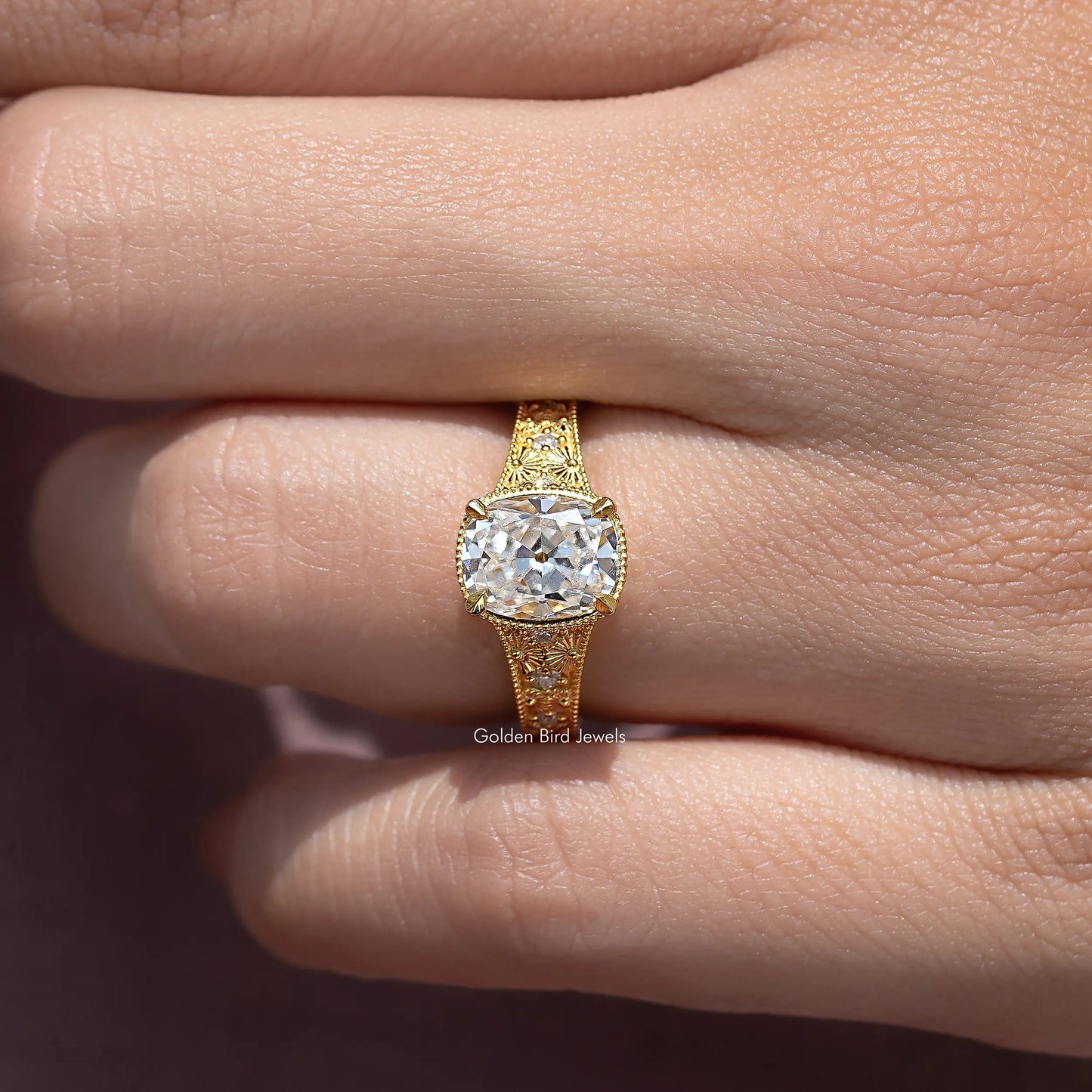 Old Mine Cushion Cut Moissanite Diamond Accent Ring