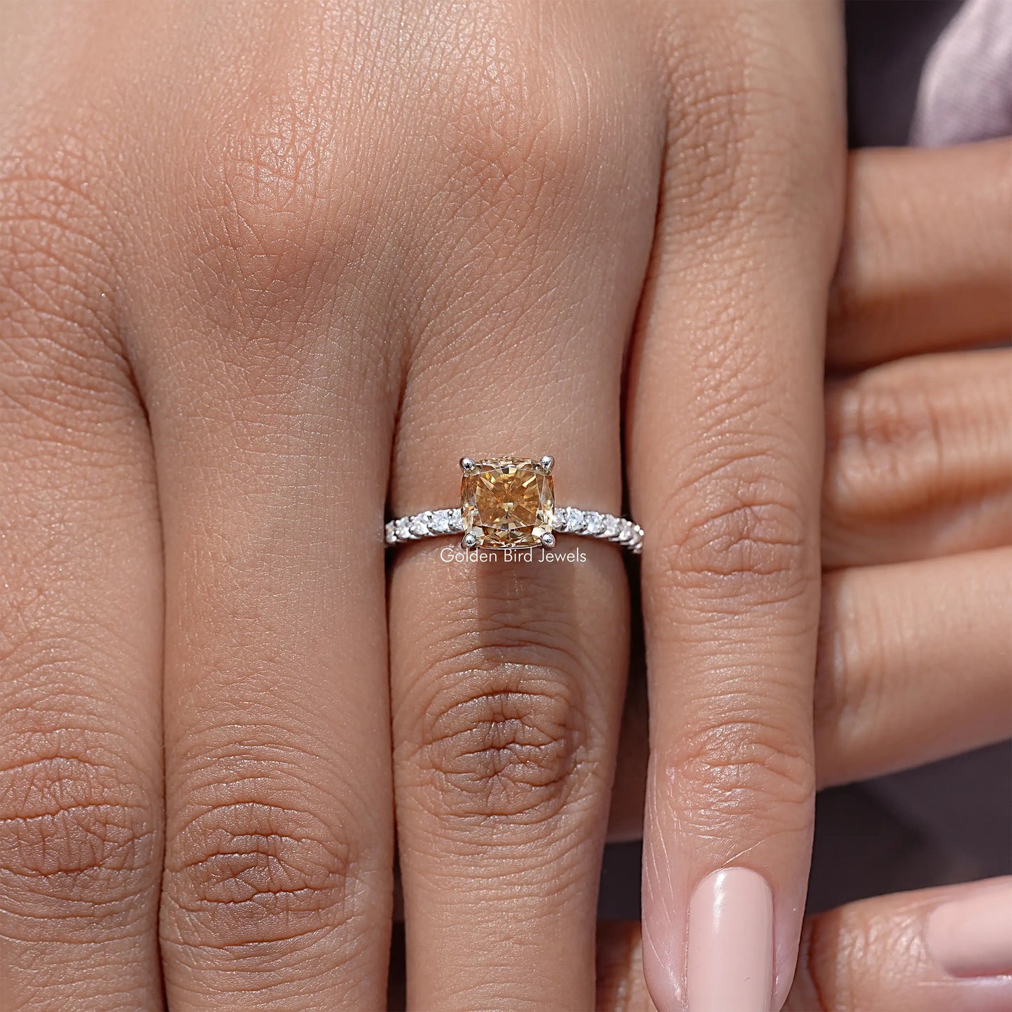 Cushion Cut Moissanite Gemstone Engagement Accent Ring
