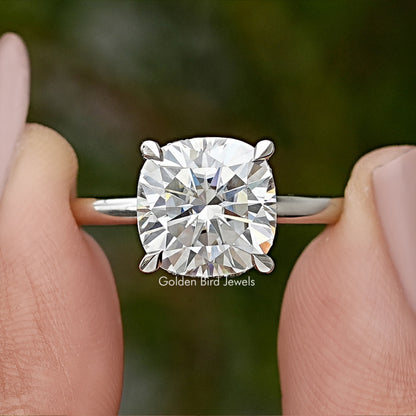 Moissanite solitaire engagement ring with cushion-cut stone, square prong setting, silver band