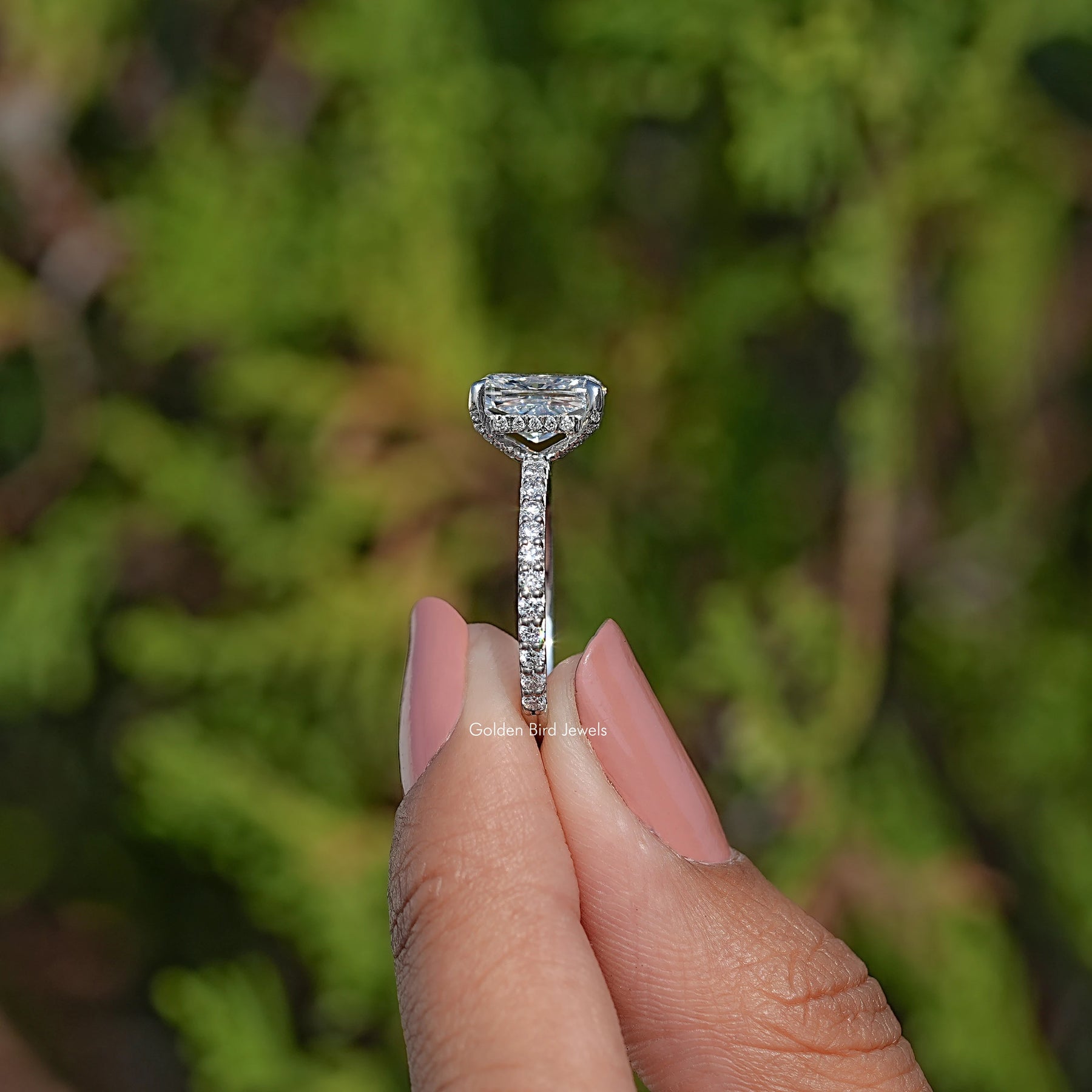 Lab Diamond Cushion Hidden Halo Engagement Ring