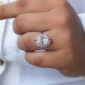 View of Cushion Cut Moissanite Halo Engagement Ring In finger