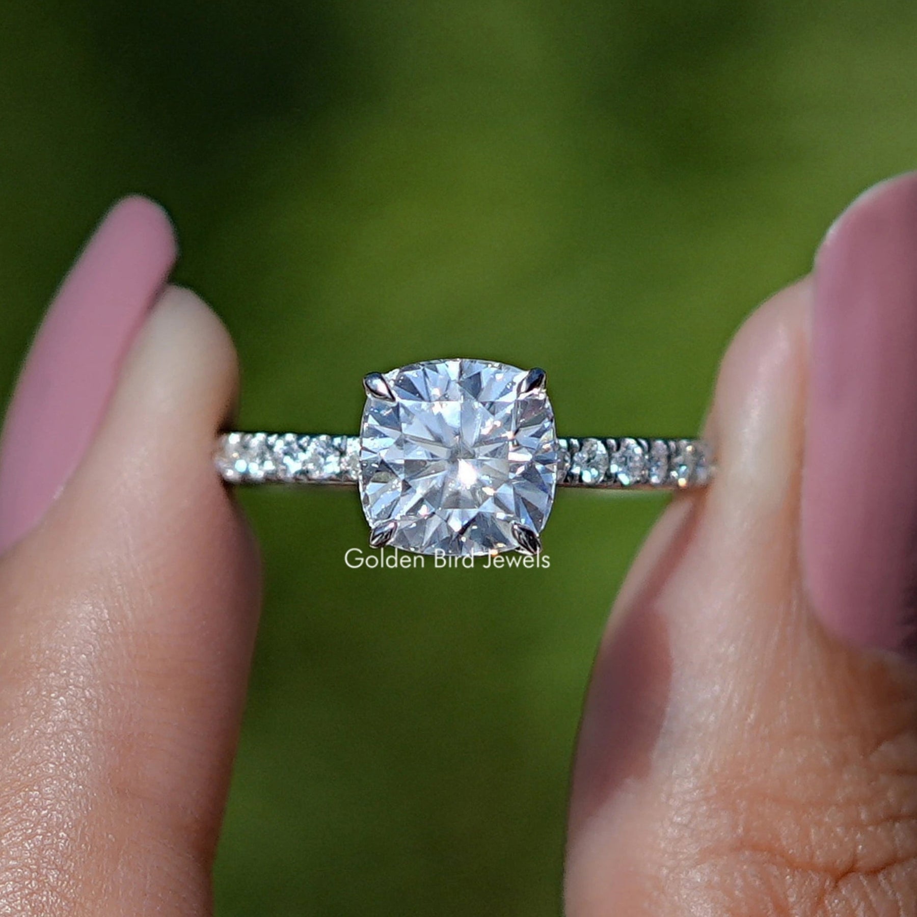 Front view of Cushion Cut Moissanite Solitaire Engagement Ring	