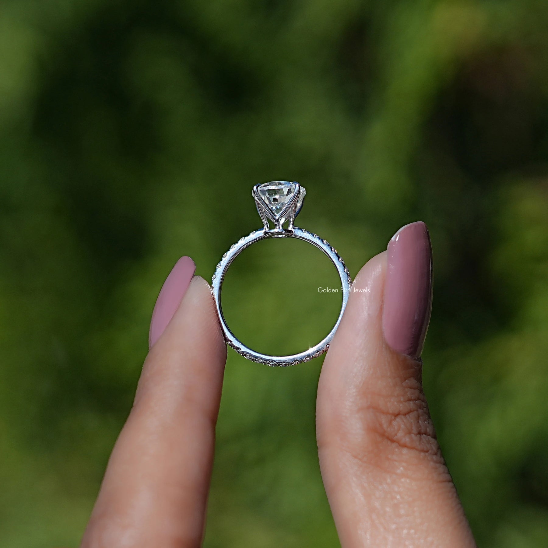 Back view of Cushion Cut Moissanite Solitaire Ring in secure setting 