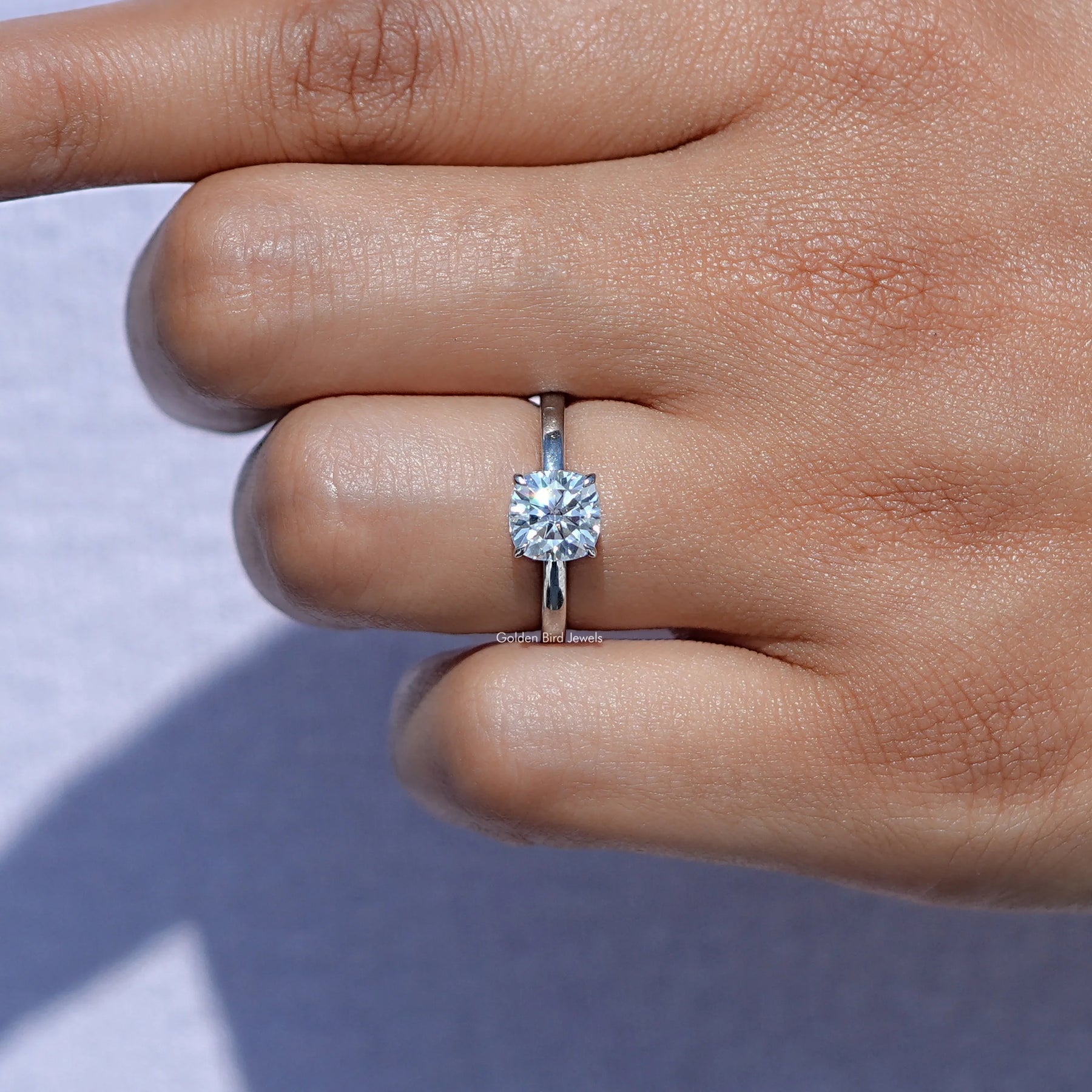 View of Cushion cut Moissanite Ring in prongs setting 