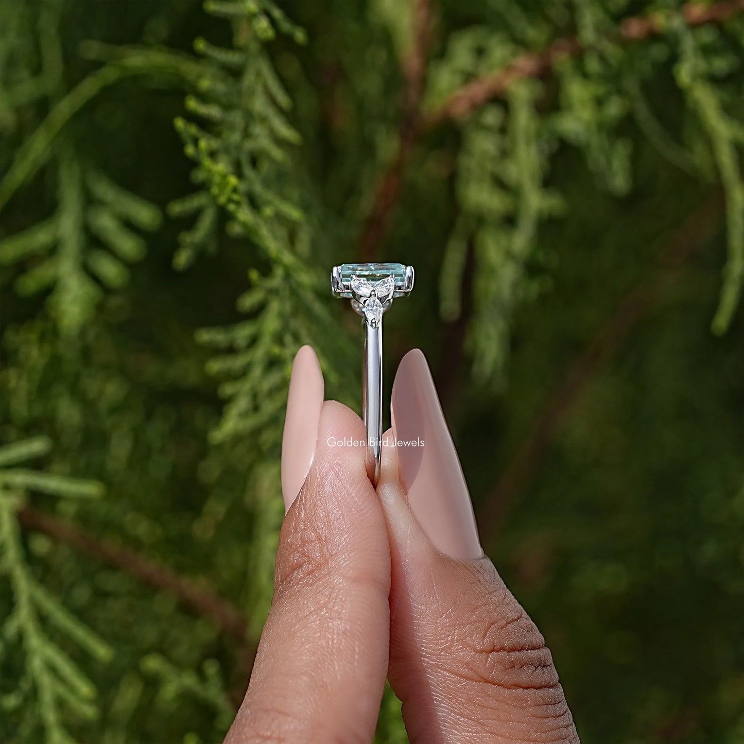 Blue Radiant Moissanite Gemstone Engagement Ring