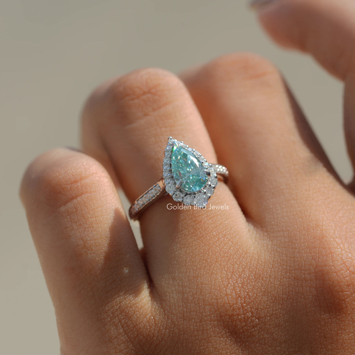 Pear Cut Moissanite Halo Solitaire Accent Ring