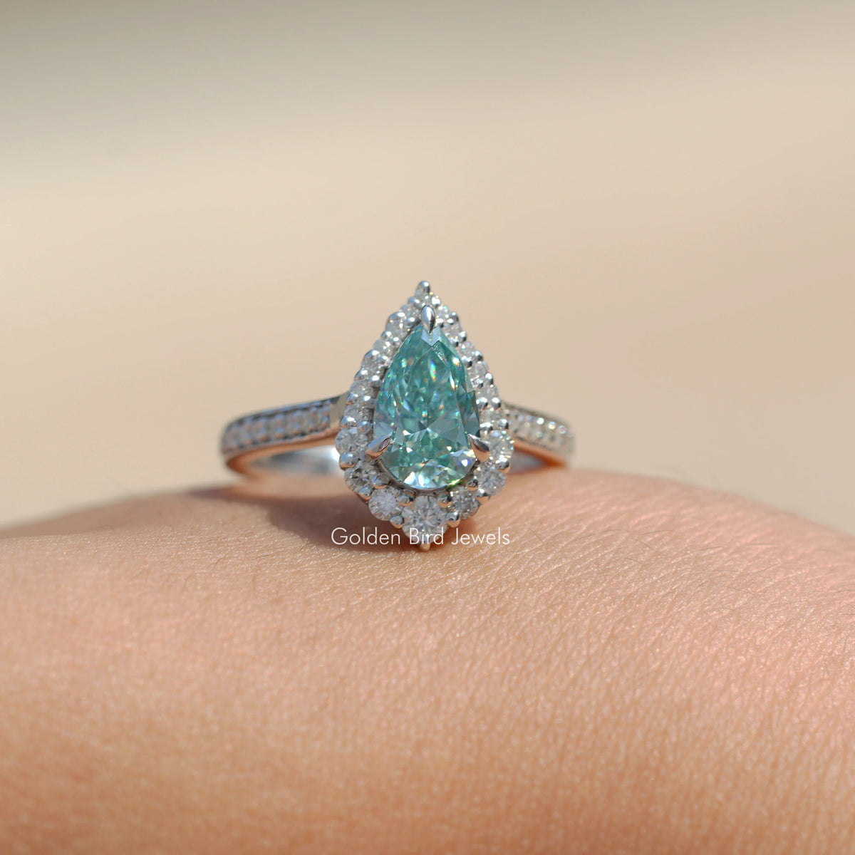 Pear Cut Moissanite Halo Solitaire Accent Ring