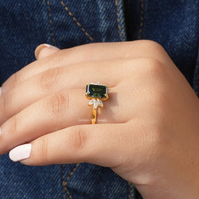 Detailed View Of Dark Green Emerald Cut Moissanite Ring