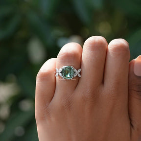 Close-Up View of Cushion Cut Moissanite Engagement Ring In White Gold
