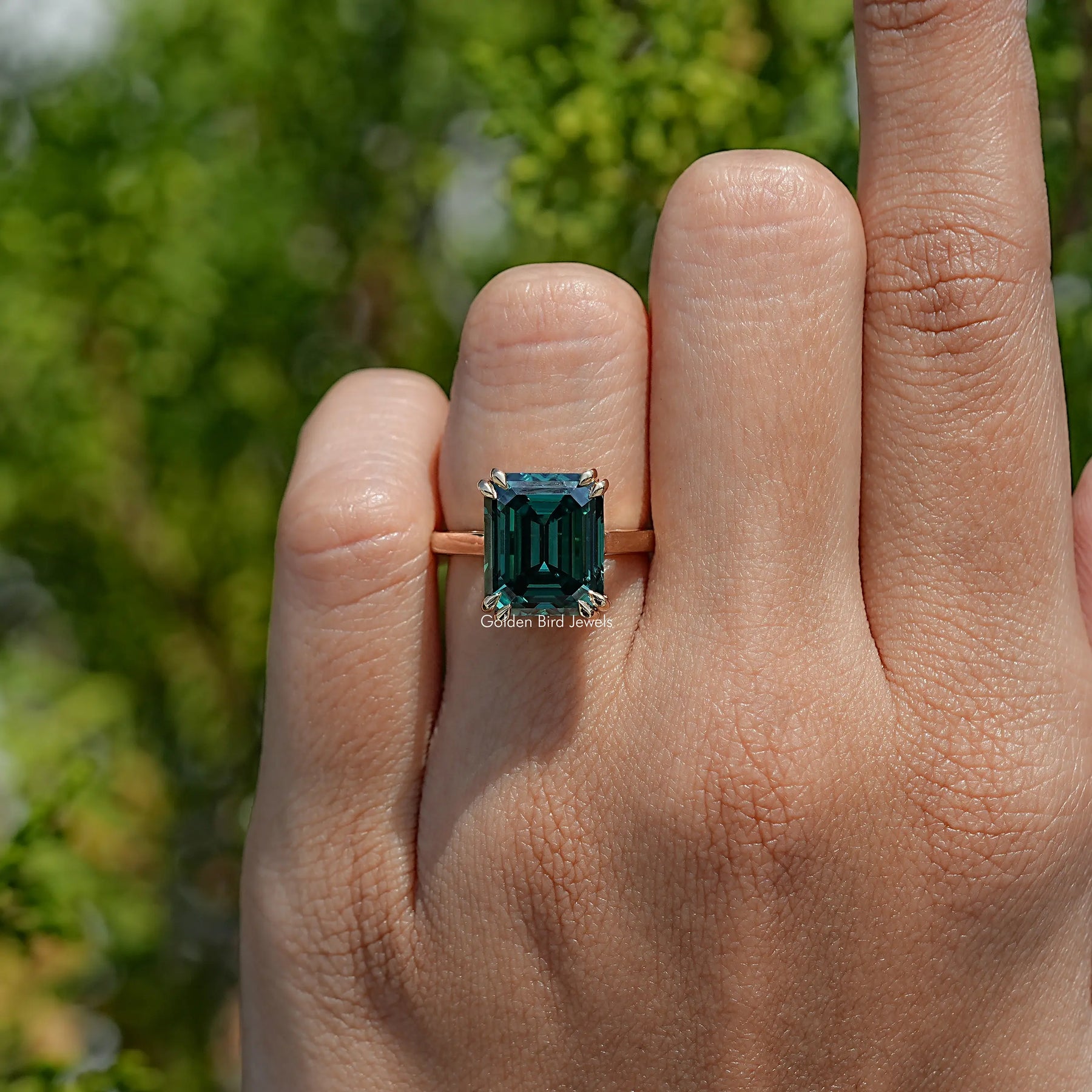 Dark Green Emerald Cut Moissanite Engagement Ring