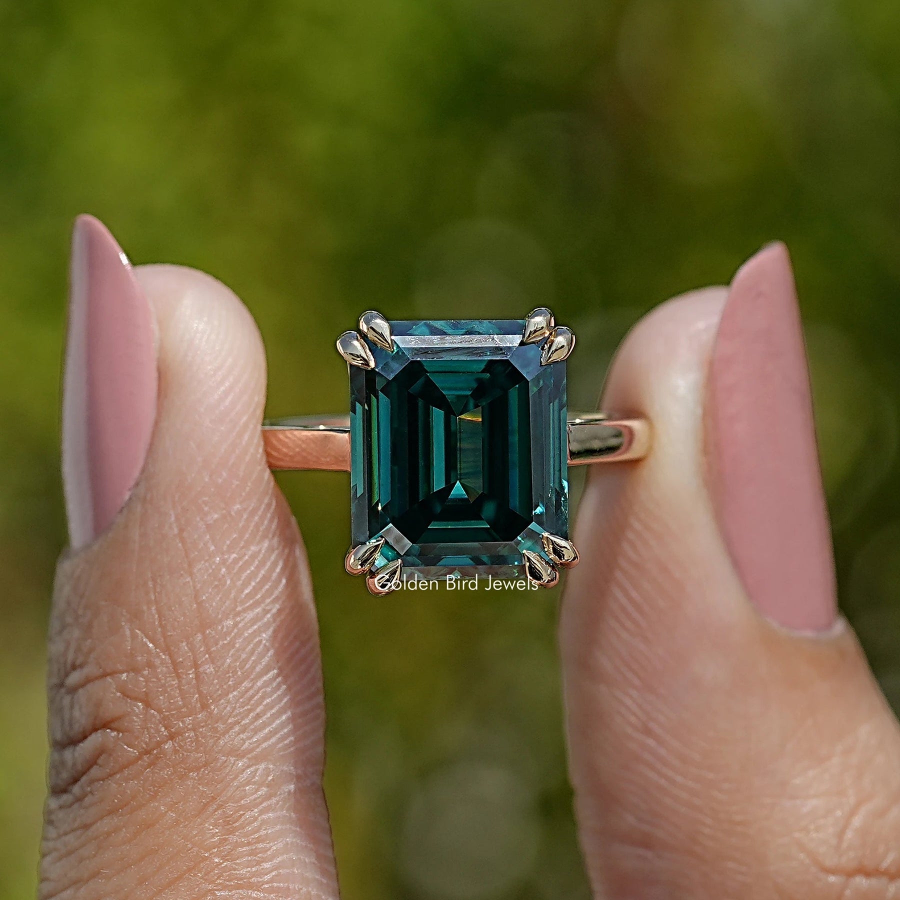 Dark Green Emerald Cut Moissanite Engagement Ring
