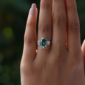 Close-Up View of Old Mine Oval Moissanite Three Stone Ring In White Gold