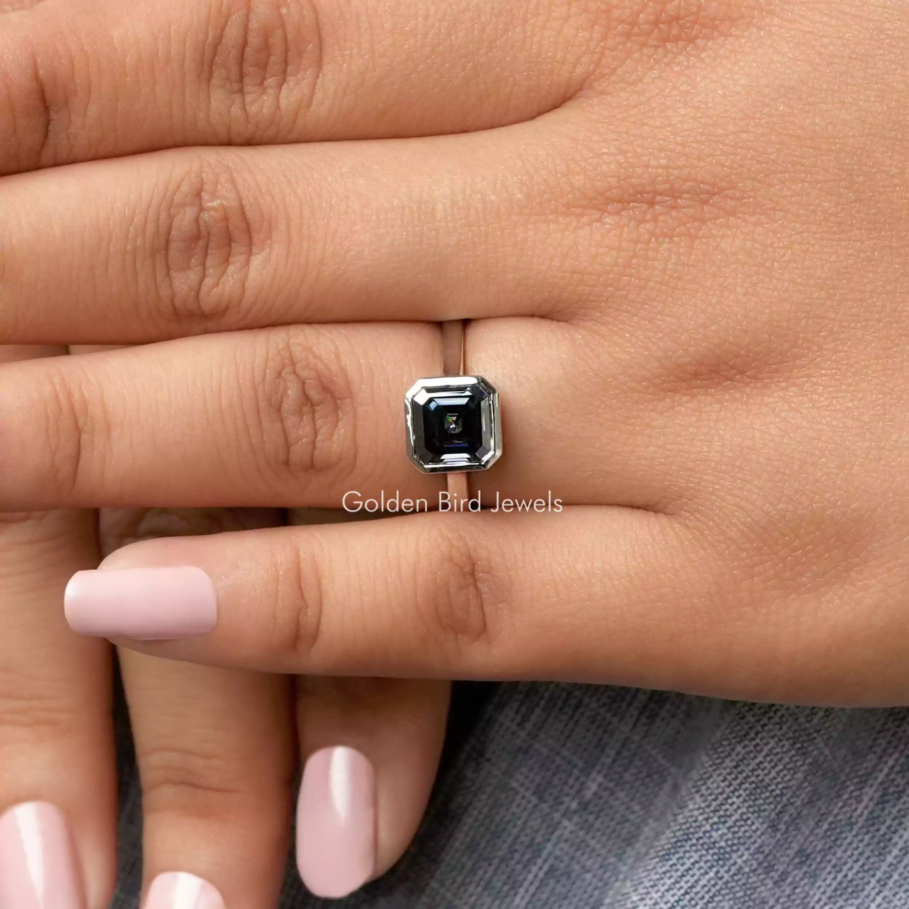 [Dark grey asscher bezel set moissanite ring made of white gold]-[Golden Bird Jewels]