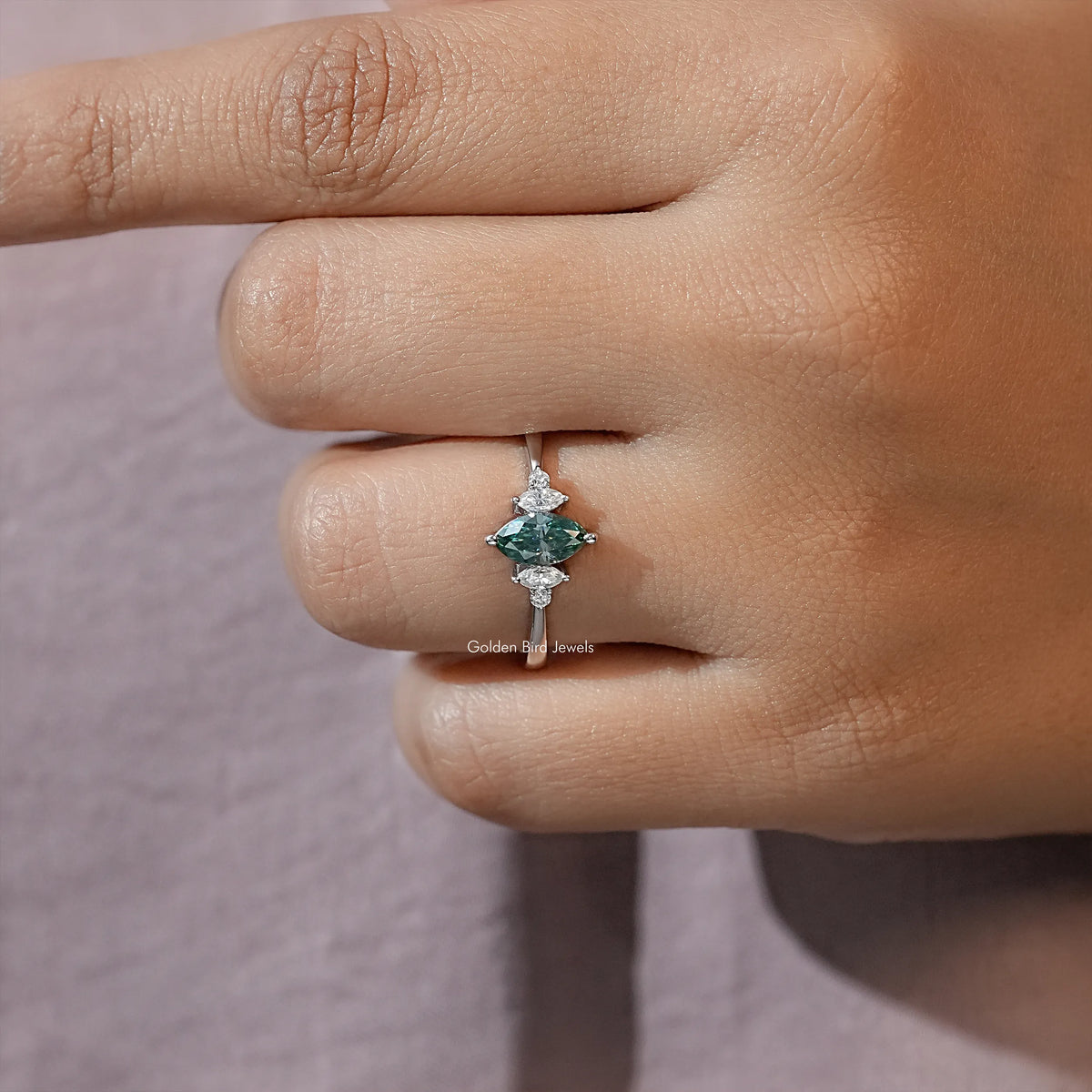 Green Marquise Moissanite Three Stone Engagement Ring