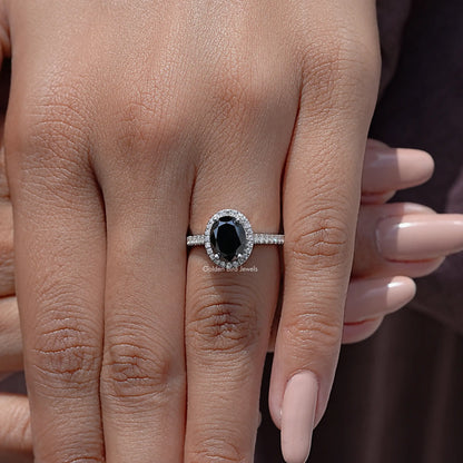 Black Oval Moissanite Gemstone Halo Engagement Ring