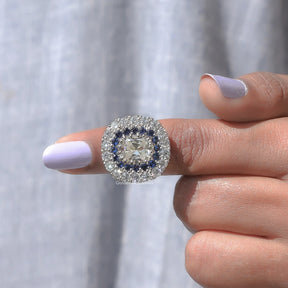 In finger front View of Moissanite Old Mine Cushion Cut Ring In White Gold