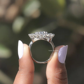 Back View of Cushion And Round Cut Moissanite Ring In two fingers