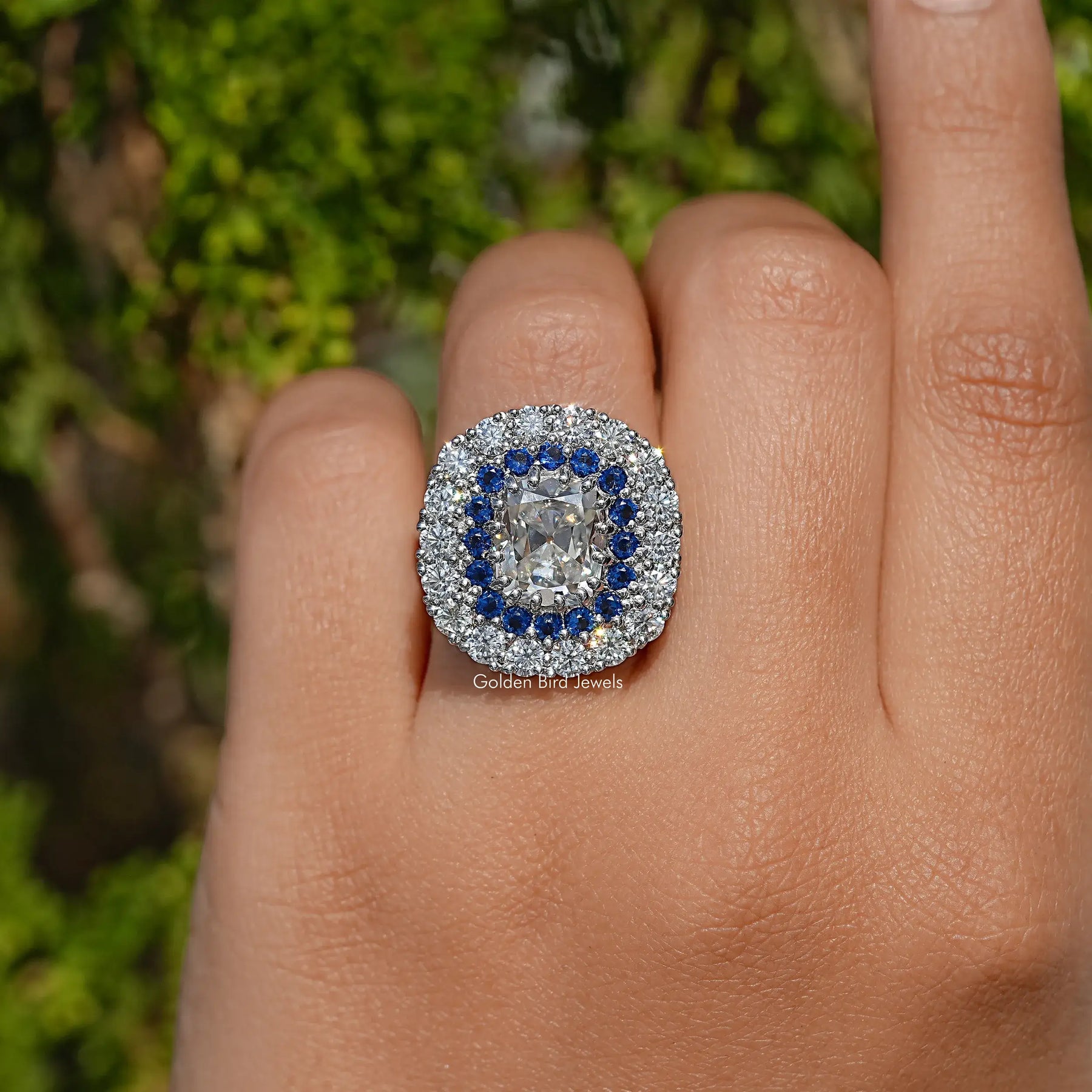 Double Halo Old Mine Cushion Moissanite Ring