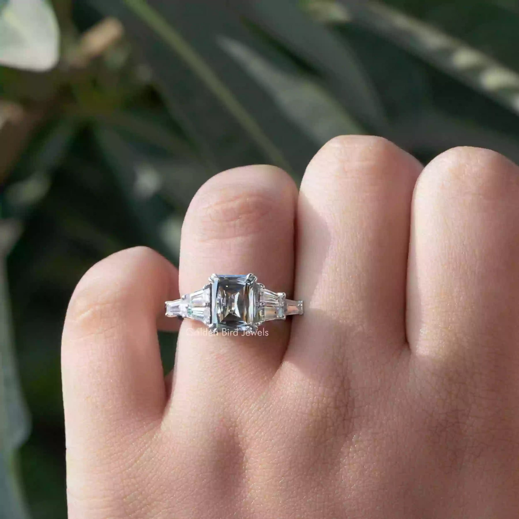 Close-Up View of Double Prongs Grey Criss Cut Ring In White Gold