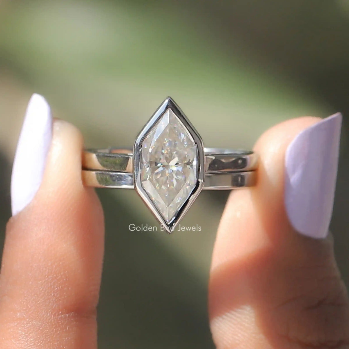 View of marquise cut moissanite  ring set 