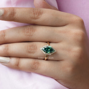 View of Dutch Marquise Shape Moissanite Halo Engagement Ring In Yellow Gold