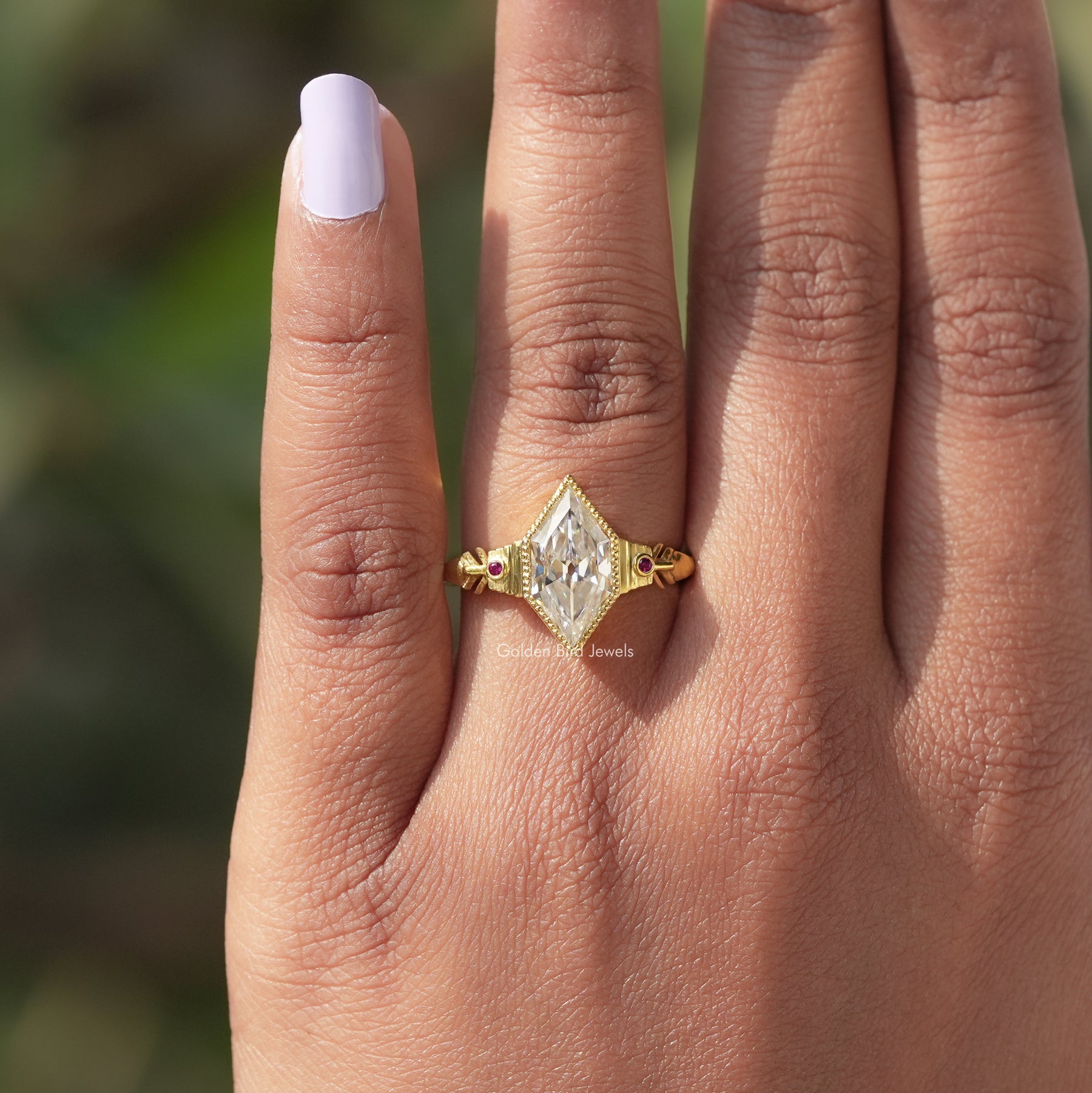 Detailed View Of Old Mine Dutch Marquise Cut Moissanite Ring In Yellow Gold