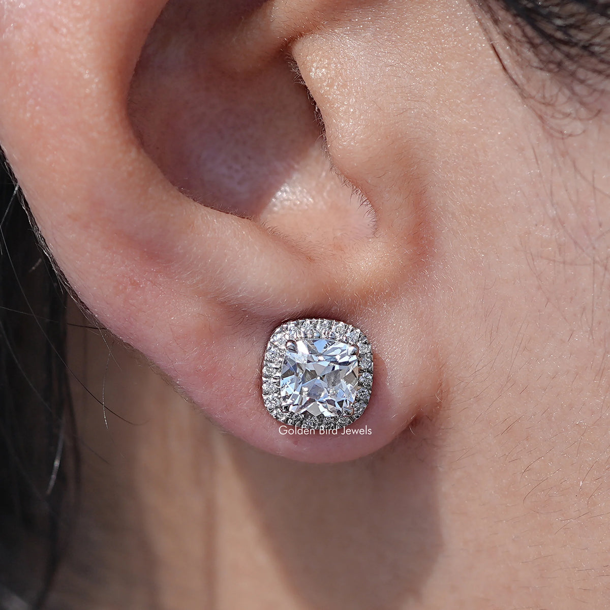 Square Old Mine Cushion Diamond Halo Stud Earrings