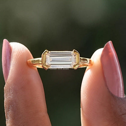 Emerald Cut Moissanite East West Set Solitaire Ring