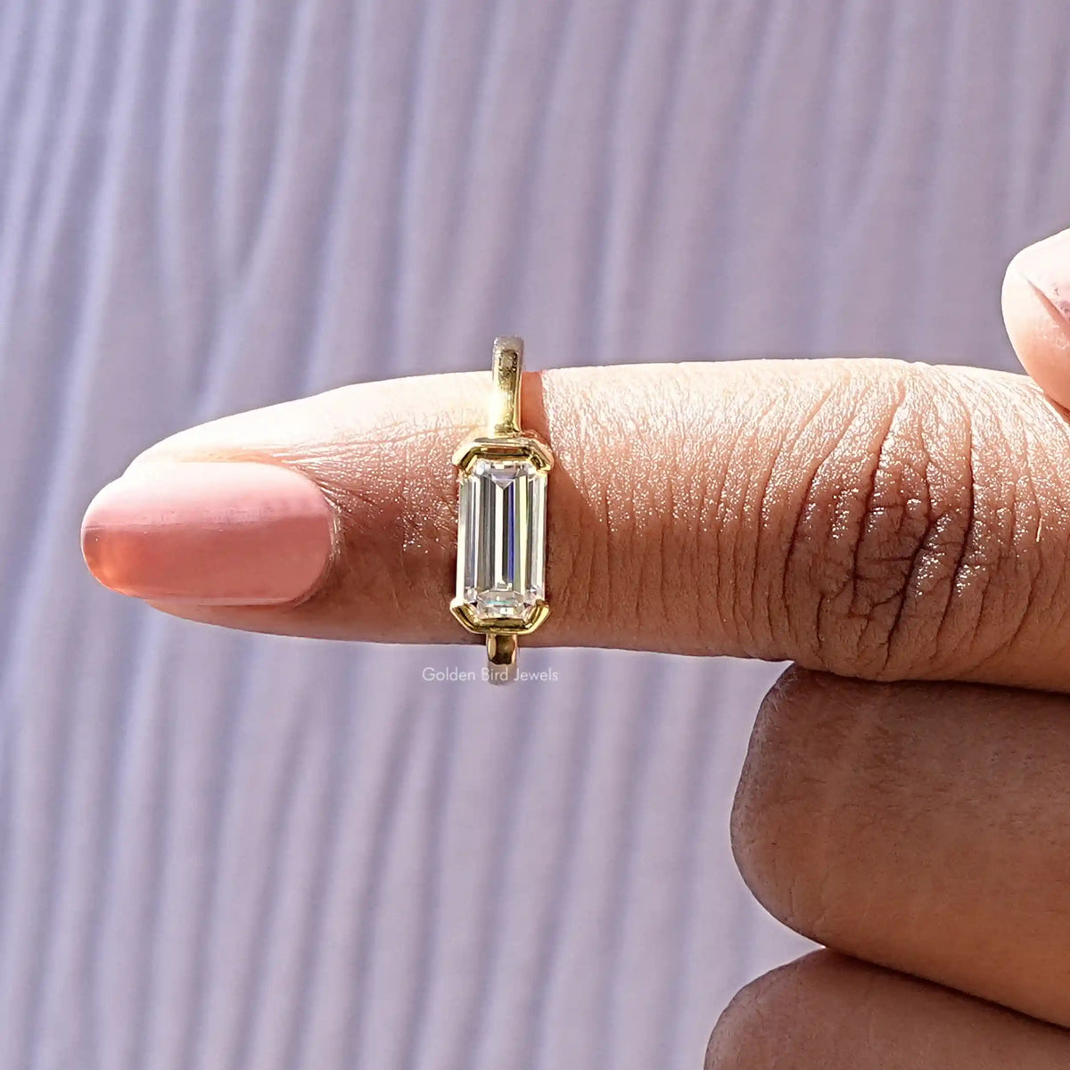 Emerald Cut Moissanite East West Set Solitaire Ring
