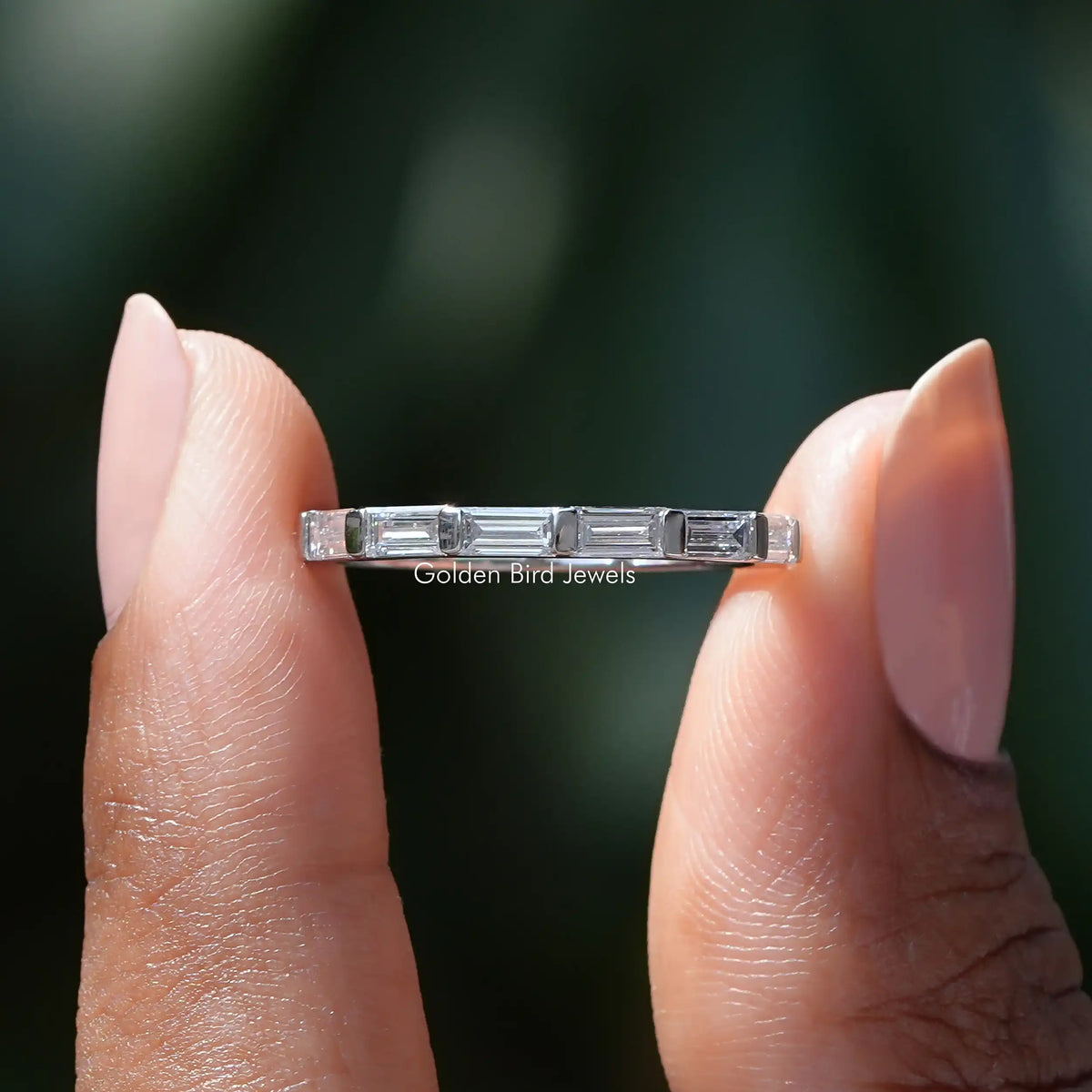 Front View of East West Baguette Diamond Wedding Band In two Fingers