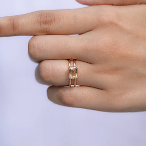 View of solitaire East West Criss Cut Moissanite ring in prongs setting 