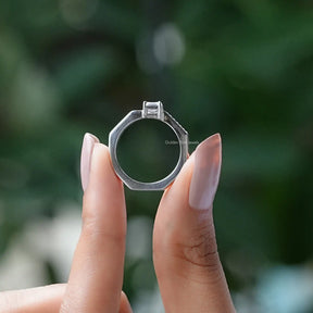 Back View of Round And Emerald Cut Pave Setting Ring In two fingers
