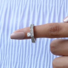 In finger front View of Emerald Cut Moissanite Ring In 14K White Gold