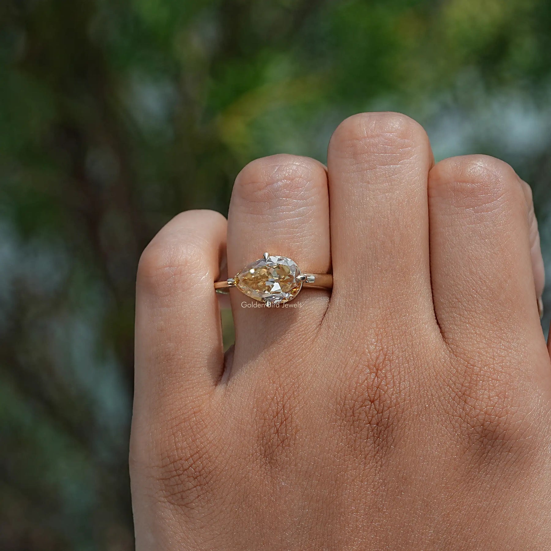 [East West Old Mine Pear Cut Moissanite Ring]-[Golden Bird Jewels]