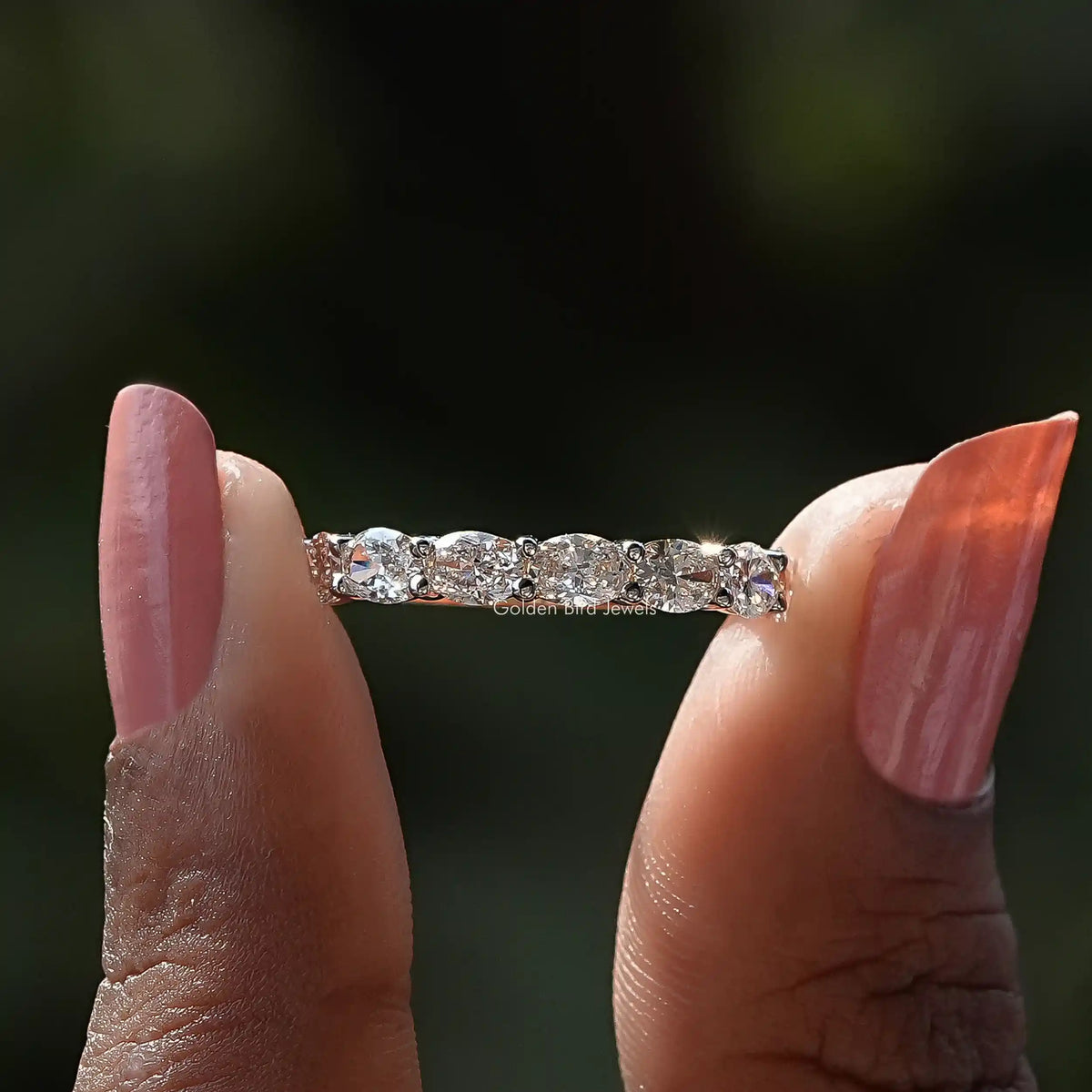 Front View of East West Oval Cut Diamond Eternity Wedding Band In two Fingers
