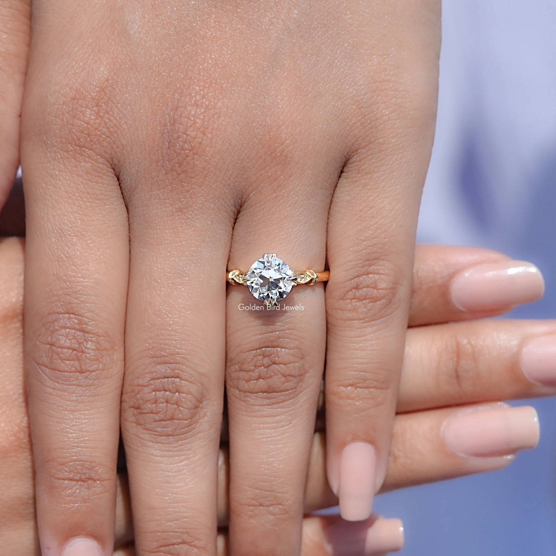 Close view of Old European Round Moissanite Solitaire Ring