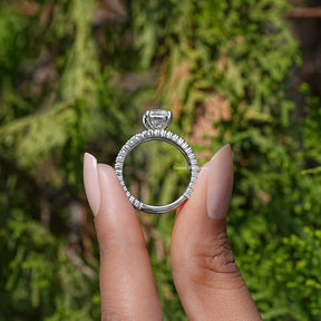 Back View of A Cushion Cut Lab Grown Diamond Ring in two fingers