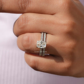 View of Cushion Cut Moissanite Eternity Band In finger